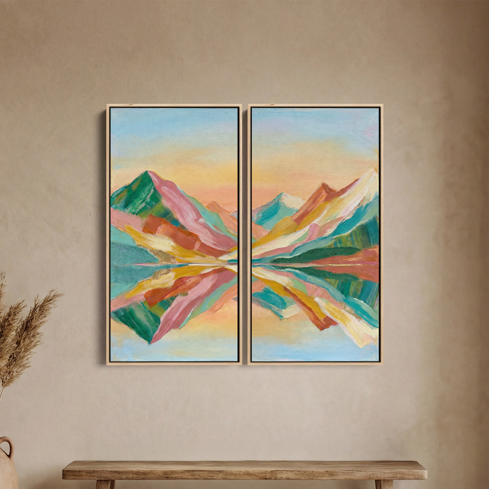 Colourful Peaks Oversized Diptych Wall Art Bedroom Mountain Lake Reflection