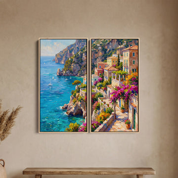 Set Of 2 Wall Art Mediterranean Coastal Village for Dining Room