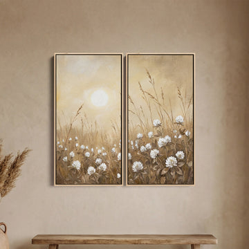 Golden Meadow Two Panel Wall Art Bedroom Wildflower Sunrise