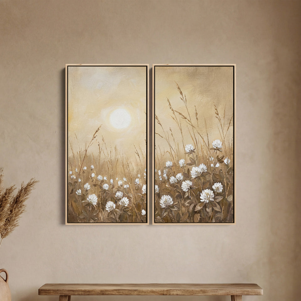 Golden Meadow Two Panel Wall Art Bedroom Wildflower Sunrise