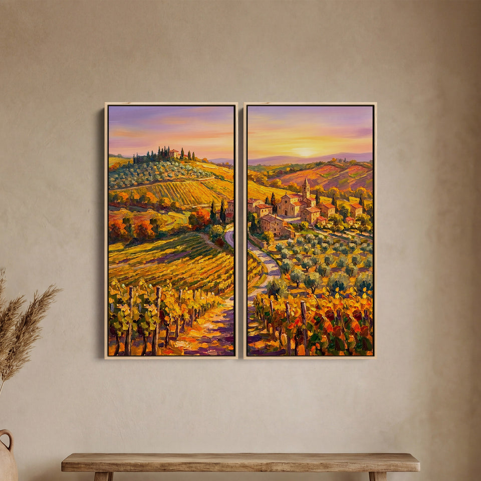 Vertical Diptych Wall Art Quiet Vineyard Village Hallway Landscape