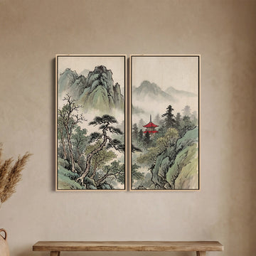 Misty Temple Diptych Wall Art Living Room Japanese Mountains