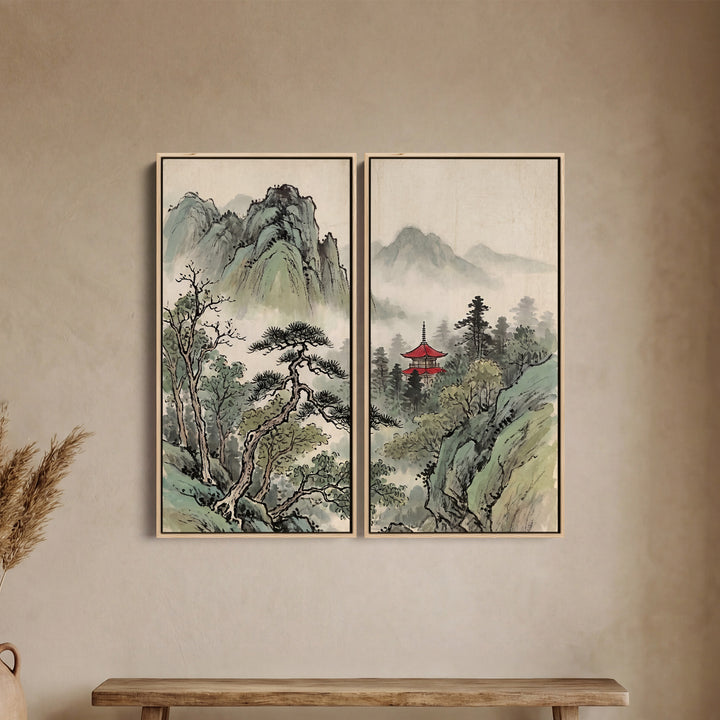 Misty Temple Diptych Wall Art Living Room Japanese Mountains