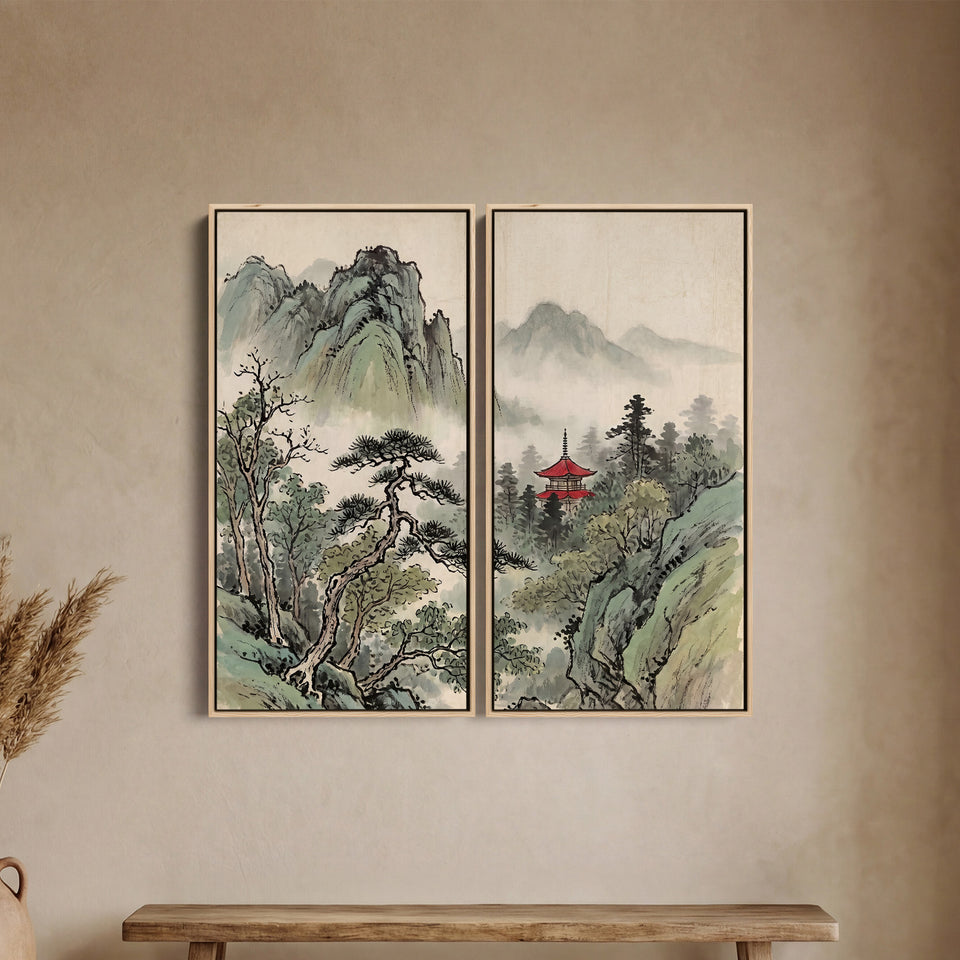 Misty Temple Diptych Wall Art Living Room Japanese Mountains