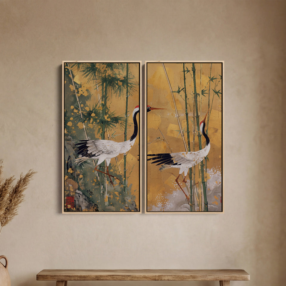 Golden Cranes Oversized Diptych Wall Art Dining Room Bamboo
