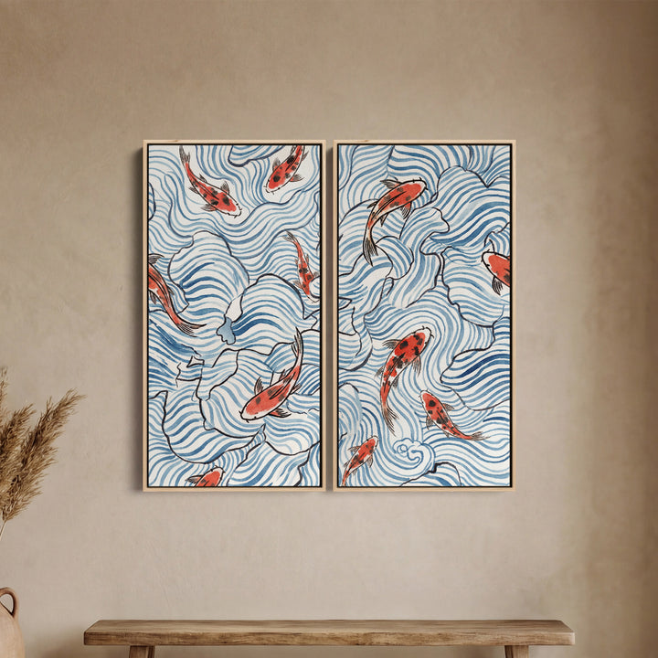 Koi Wave Pattern Large Scale Wall Art Set Living Room