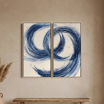 Oversized Diptych Wall Art Abstract Blue Brushstrokes Office