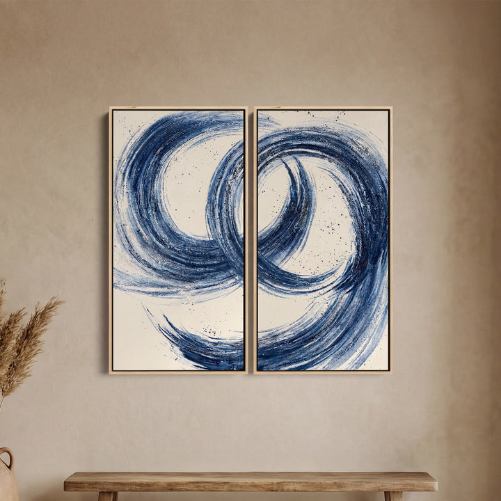 Oversized Diptych Wall Art Abstract Blue Brushstrokes Office