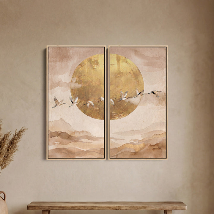 Set Of 2 Wall Art Flying Cranes Dining Room Golden Sun