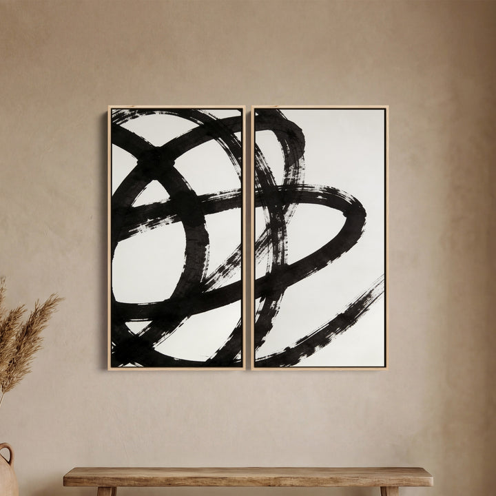 Black Abstract Brushstrokes Large Diptych Wall Art For Hallway