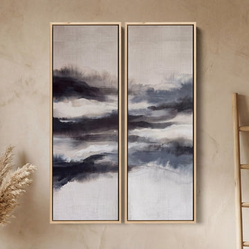 Misty Abstract Diptych Wall Art For Living Room In Black Grey And White
