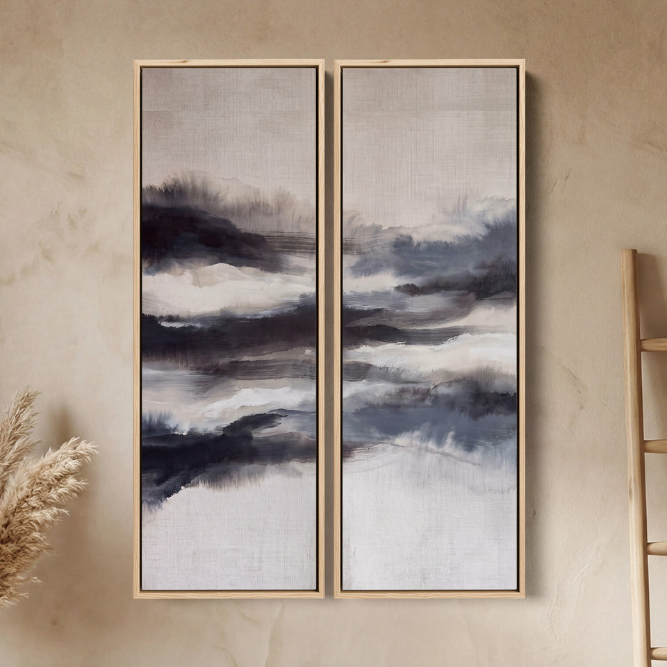 Misty Abstract Diptych Wall Art For Living Room In Black Grey And White