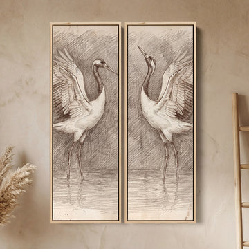 Two Cranes Sketch 2 Piece Wall Art Set In White Brown Grey For Dining Room