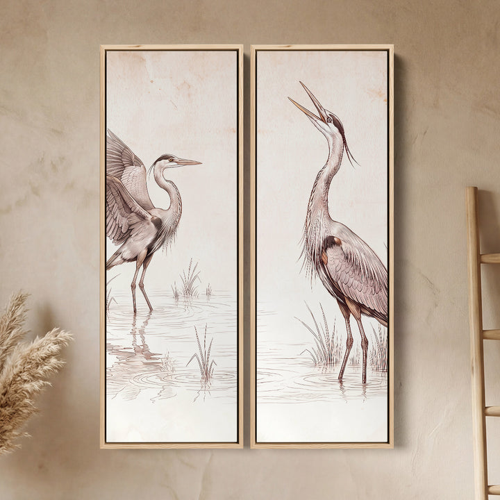 Two Herons In Marsh Vertical Diptych Wall Art For Kitchen In White Brown Grey