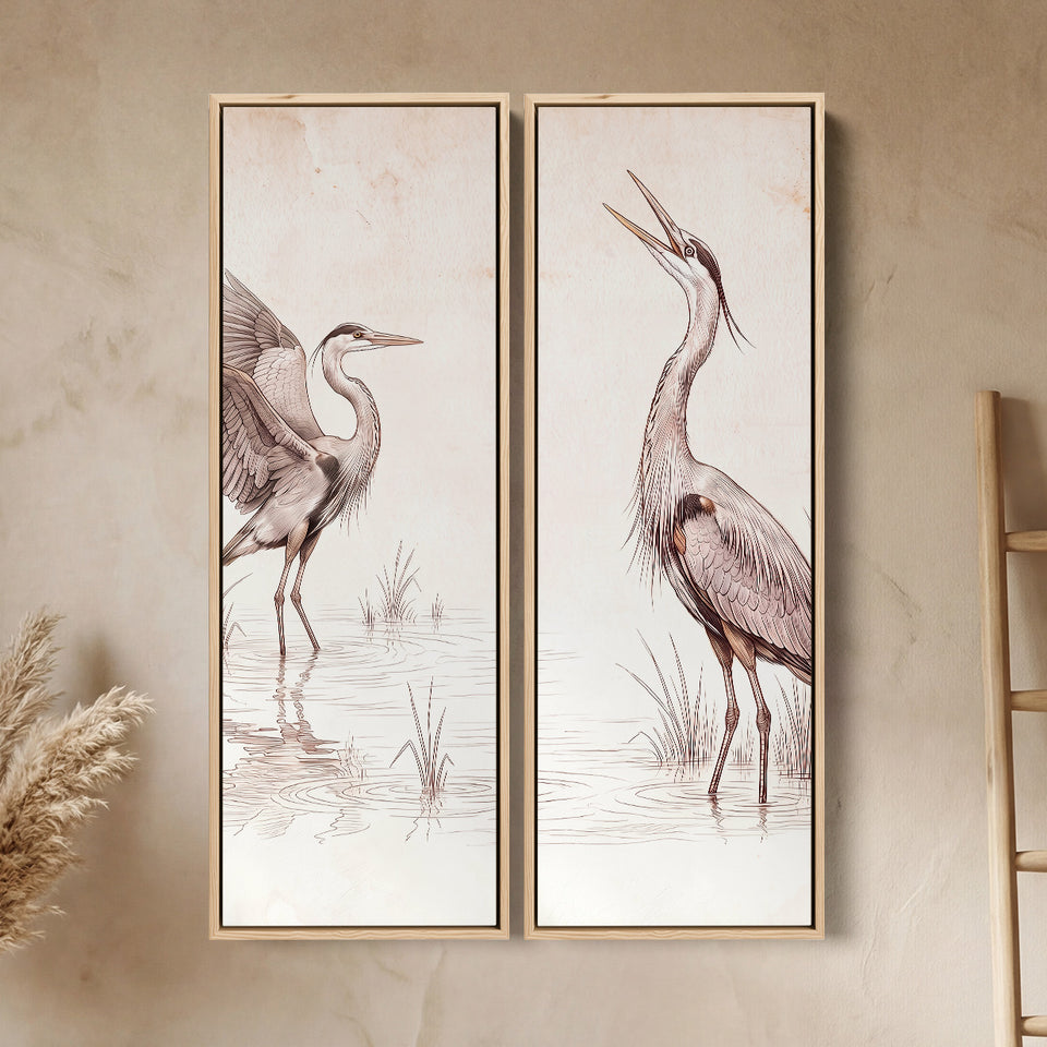 Two Herons In Marsh Vertical Diptych Wall Art For Kitchen In White Brown Grey