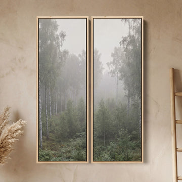 Misty Birch Forest Large Diptych Wall Art In Green White Grey For Bedroom