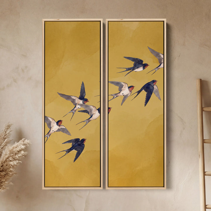 Flying Swallows Oversized Canvas Wall Art Set On Yellow For Hallway