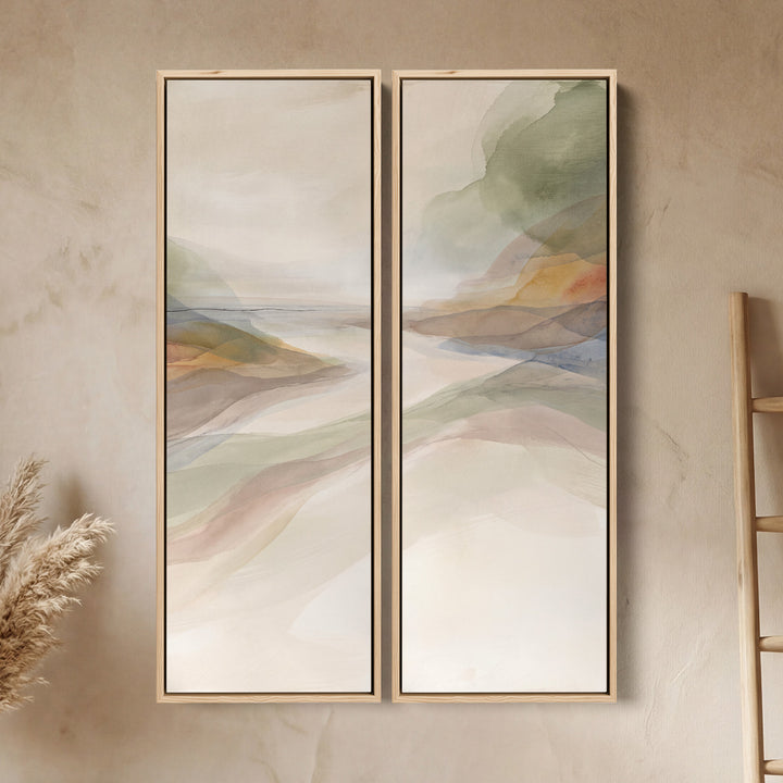 Wall Art Set Of 2 Watercolour Valley Ridges In Green And Blue For A Bedroom