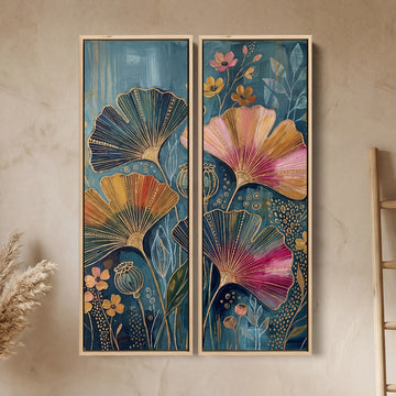 Wall Art Set Of 2 Fan Flowers Outlined In Gold On Deep Blue Dining Room