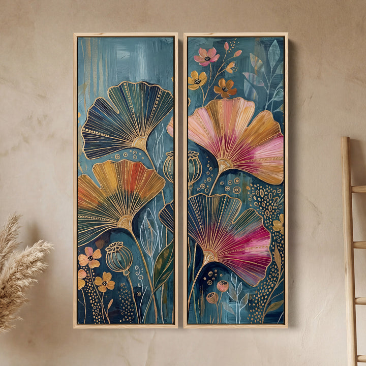 Wall Art Set Of 2 Fan Flowers Outlined In Gold On Deep Blue Dining Room