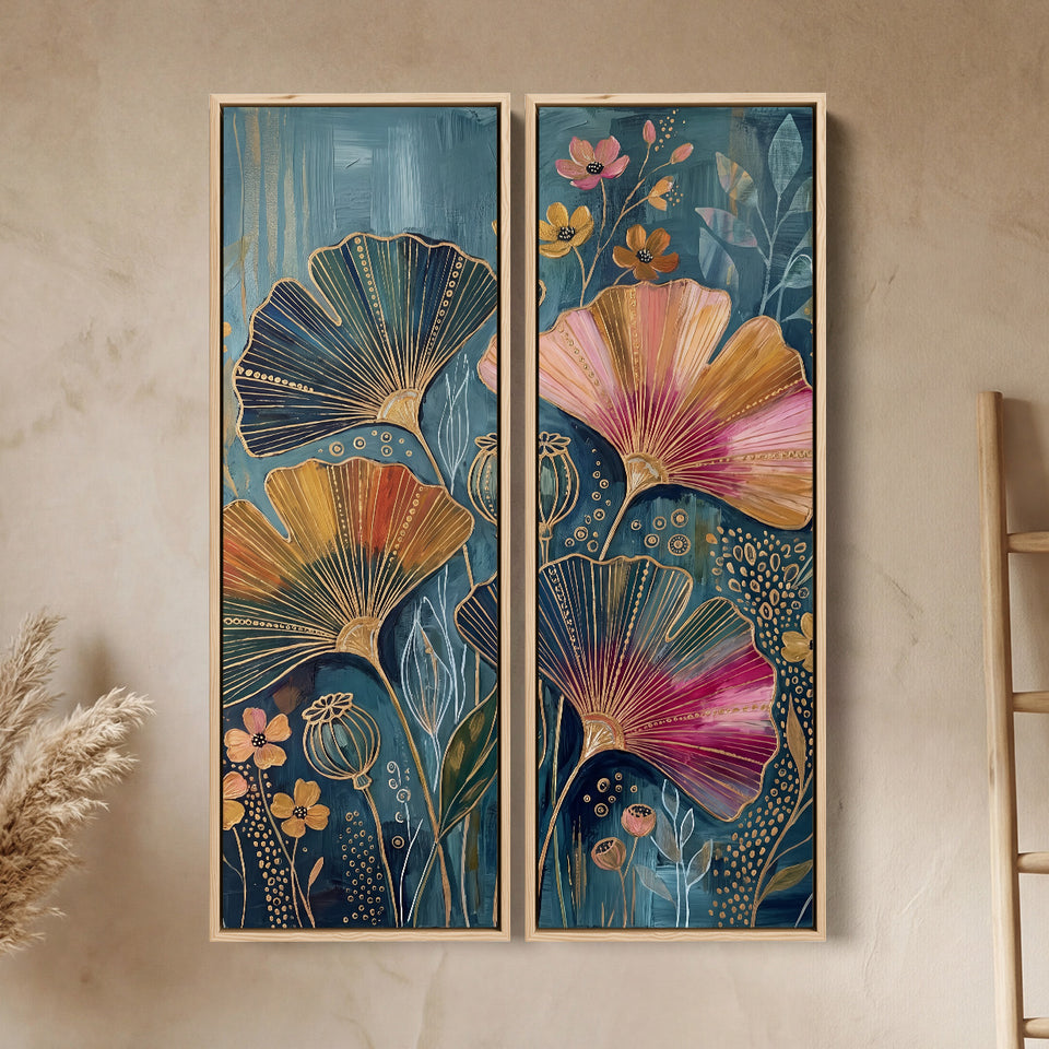 Wall Art Set Of 2 Fan Flowers Outlined In Gold On Deep Blue Dining Room