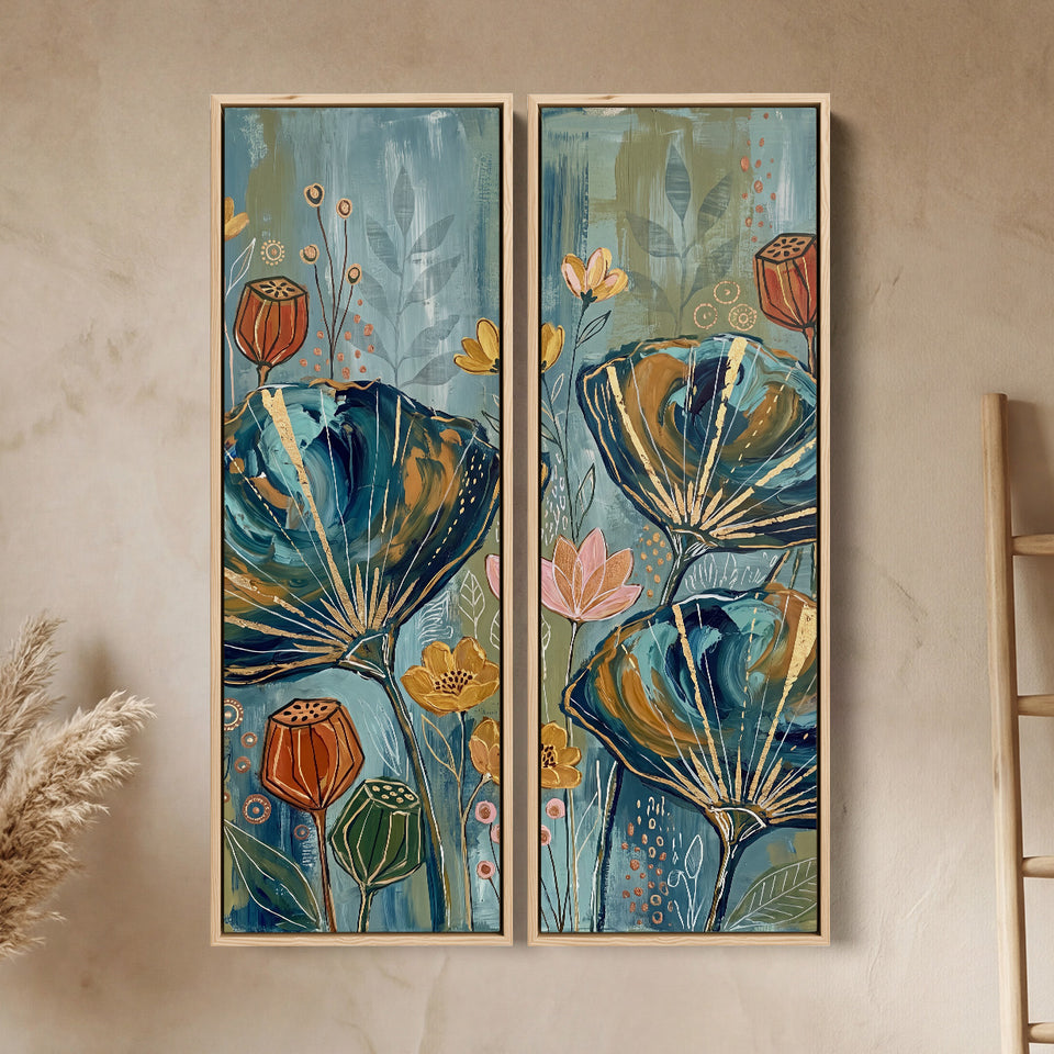 Set van 2 wanddecoraties met groenblauwe klaprozen en oranje zaaddozen, botanisch motief voor de hal