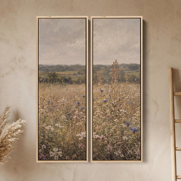 Verticale wanddecoratieset van 2 met korenbloemenweide, eetkamer, bewolkte lucht