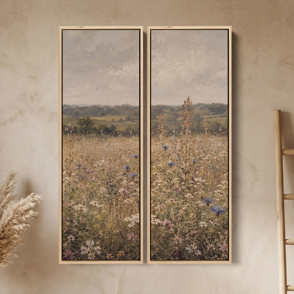 Verticale wanddecoratieset van 2 met korenbloemenweide, eetkamer, bewolkte lucht