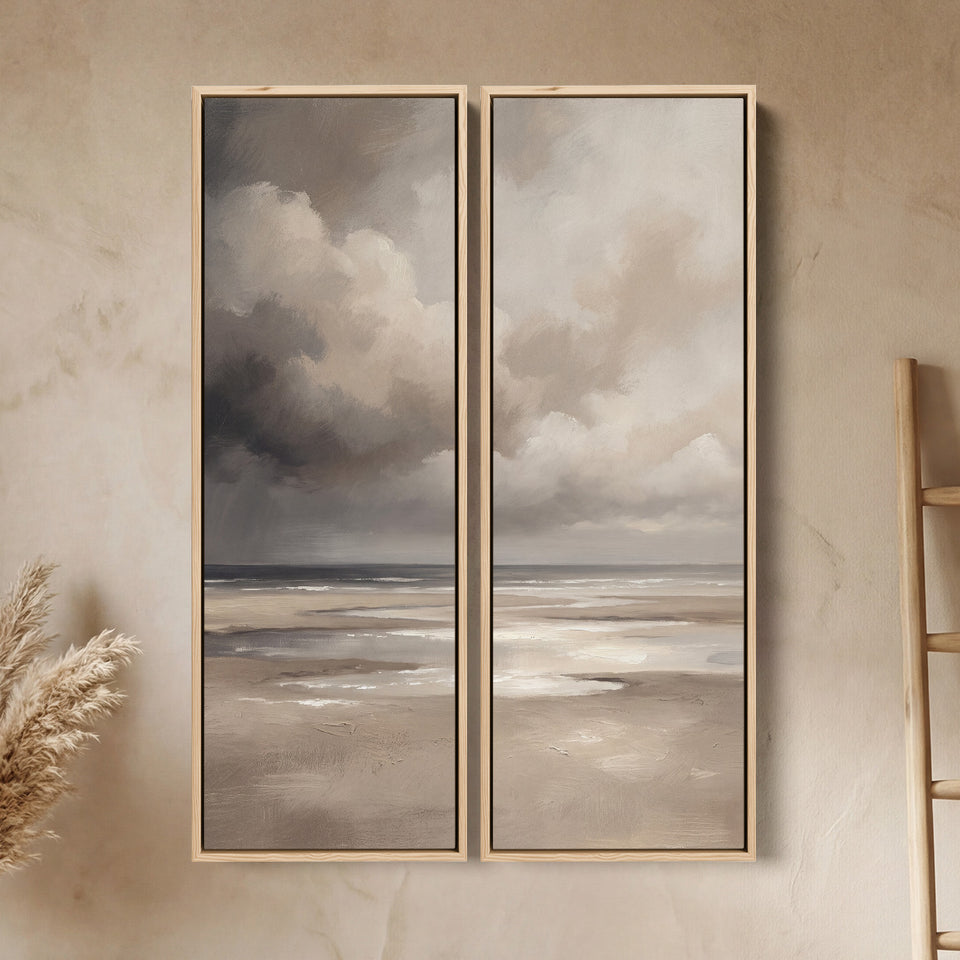 Wanddecoratie met regenwolk boven een nat zandstrand, 2-delig, hal, grijze kust