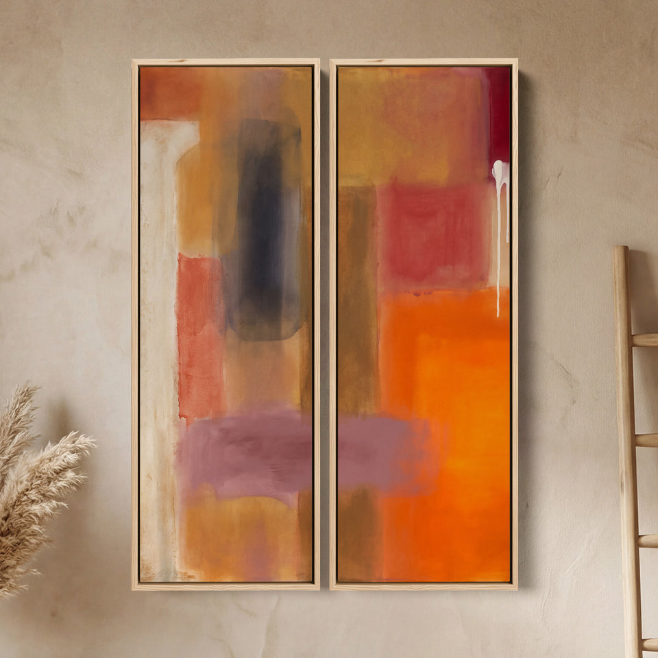 Hoge verticale wanddecoratieset van 2 met rode en gele kleurvlakken, eetkamer