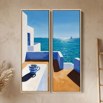 Wall Art Set Of 2 Coffee Cup On A Whitewashed Terrace Kitchen Sea View