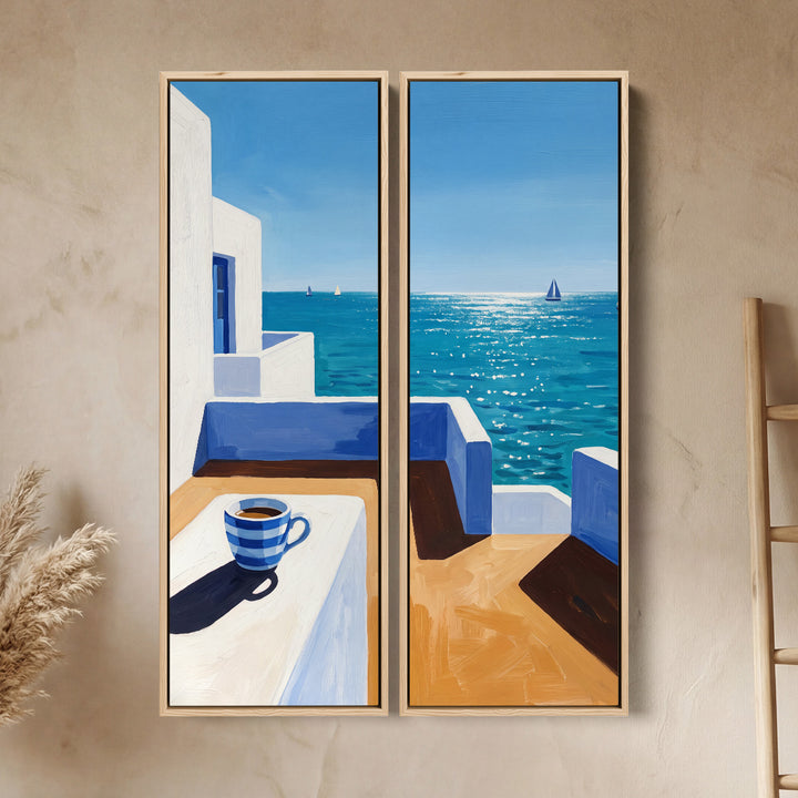 Wall Art Set Of 2 Coffee Cup On A Whitewashed Terrace Kitchen Sea View