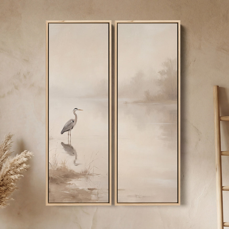 Reiher am Seeufer, 2-teiliges Wandbild, Büro, Braun und Beige, Morgennebel