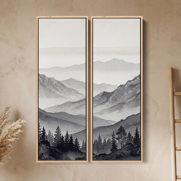 Wanddecoratieset van 2 grijze bergruggen en dennentoppen, woonkamer, monochroom