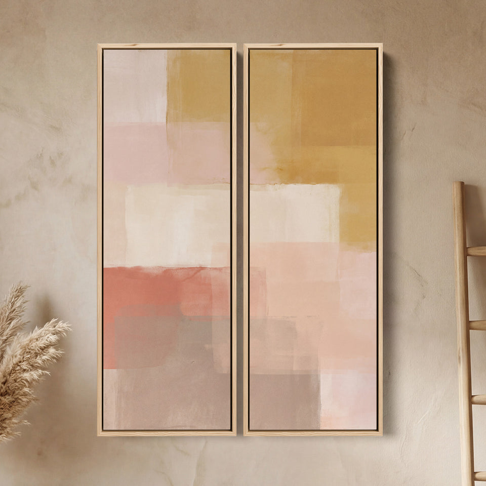 Wanddecoratieset van 2 roze en gele kleurvlakken voor een slaapkamer, krijtachtige uitstraling