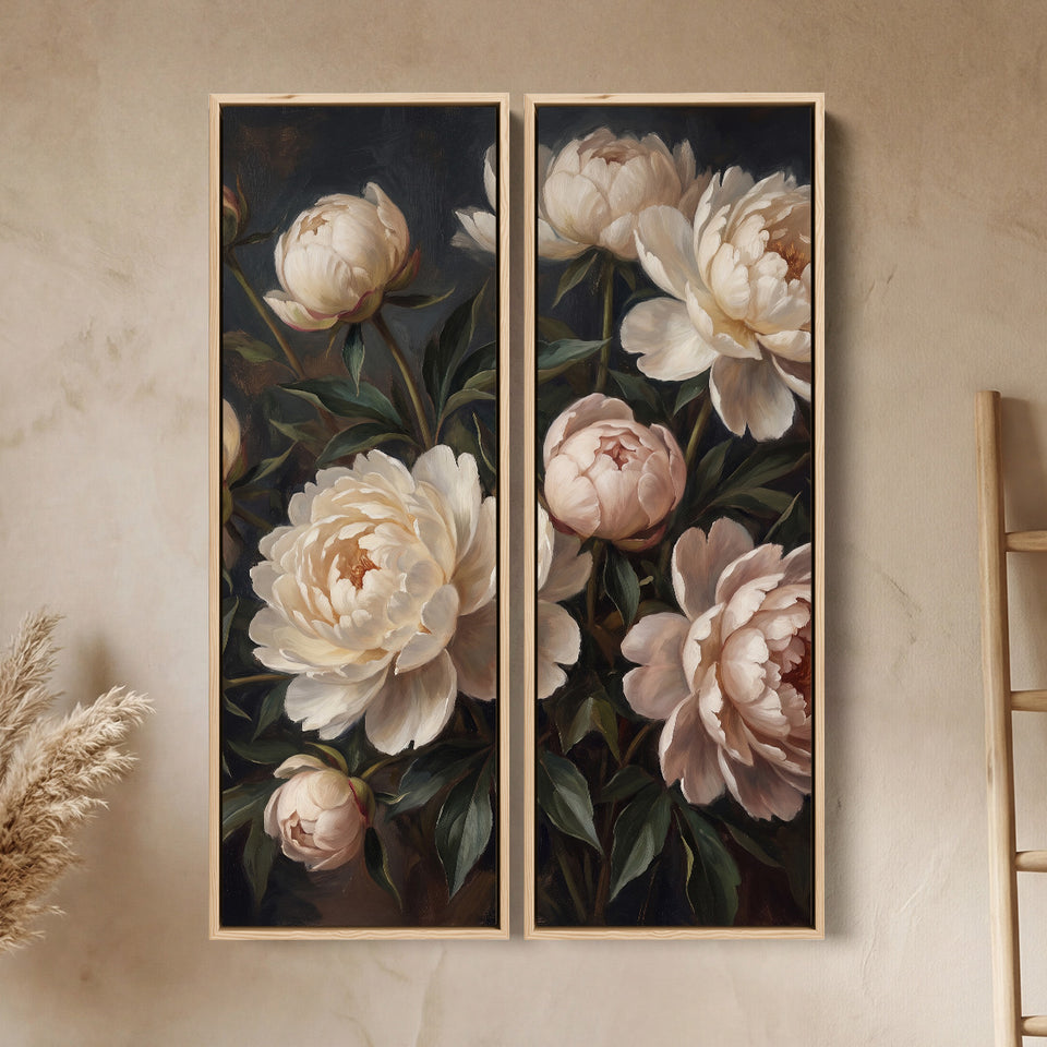 Verticale wanddecoratieset van 2 witte pioenrozen, woonkamer, diep beschaduwde ondergrond