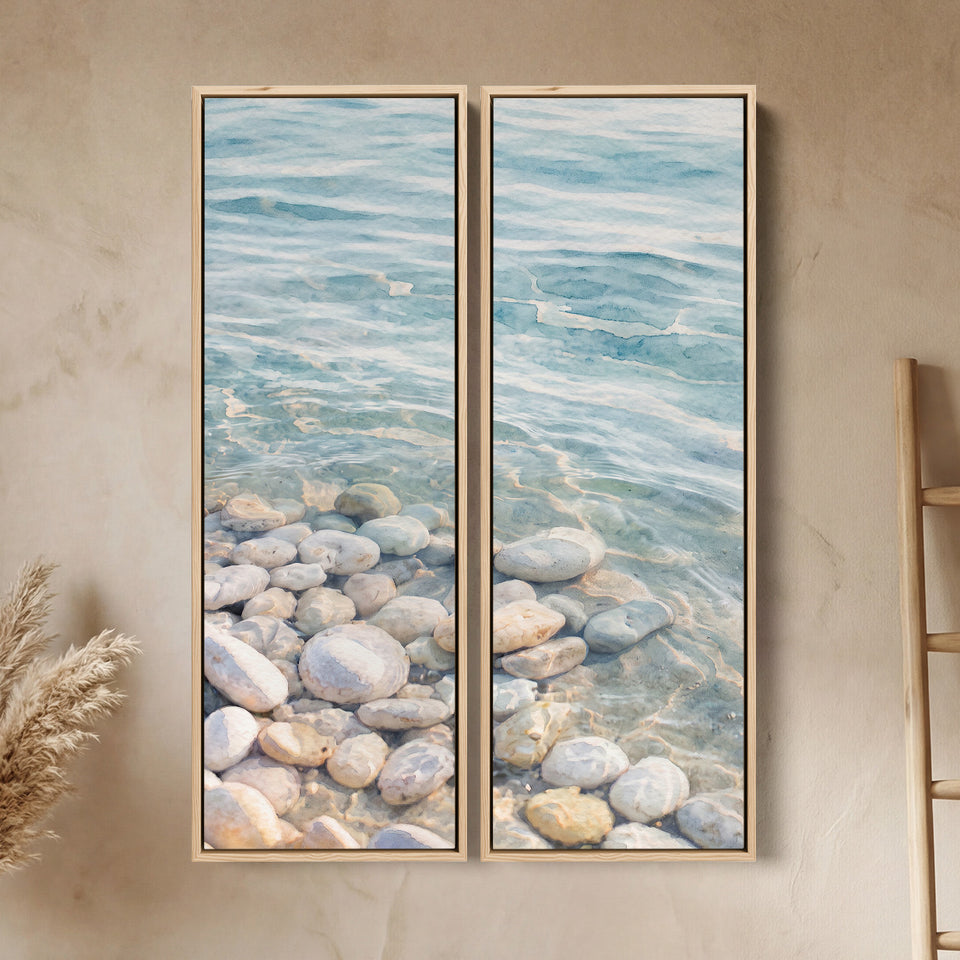 Water Over Pale Pebbles 2 Piece Vertical Wall Art Kitchen Clear Shoreline