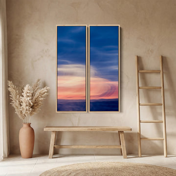 Soft Coastal Horizon Three Panel Wall Art For Dining Room In Blue And Pink