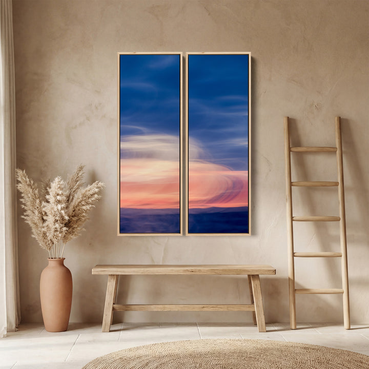 Soft Coastal Horizon Three Panel Wall Art For Dining Room In Blue And Pink