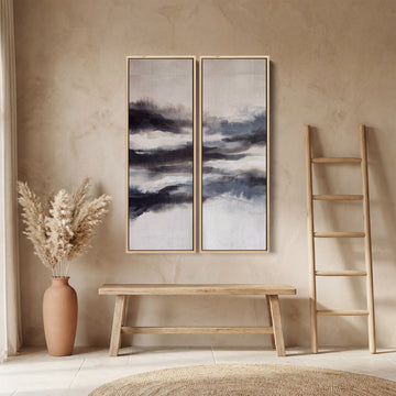 Misty Abstract Diptych Wall Art For Living Room In Black Grey And White