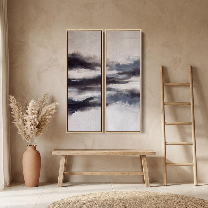 Misty Abstract Diptych Wall Art For Living Room In Black Grey And White