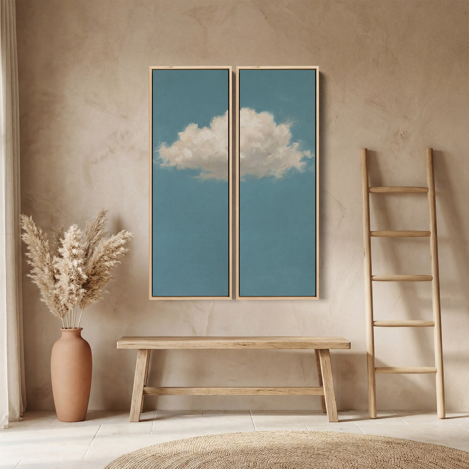 Blue Sky Oversized Diptych Wall Art With Single White Cloud For Bedroom