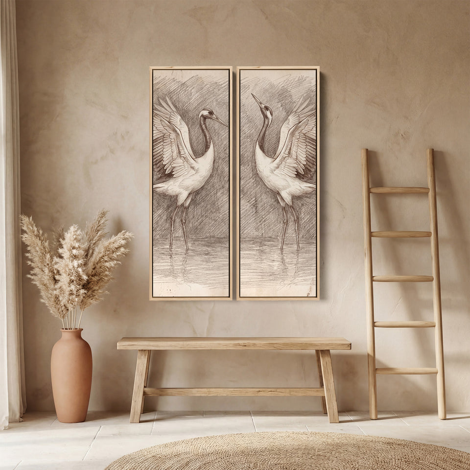 Two Cranes Sketch 2 Piece Wall Art Set In White Brown Grey For Dining Room