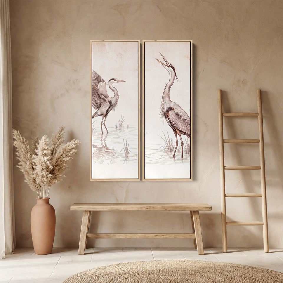 Two Herons In Marsh Vertical Diptych Wall Art For Kitchen In White Brown Grey