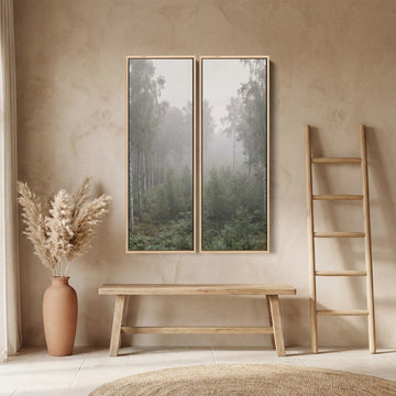 Misty Birch Forest Large Diptych Wall Art In Green White Grey For Bedroom