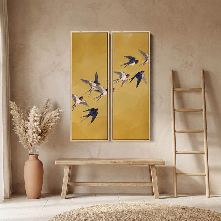 Flying Swallows Oversized Canvas Wall Art Set On Yellow For Hallway
