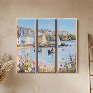 Coastal Harbour Village Triptych Wall Art for Living Room With Pastel Boats