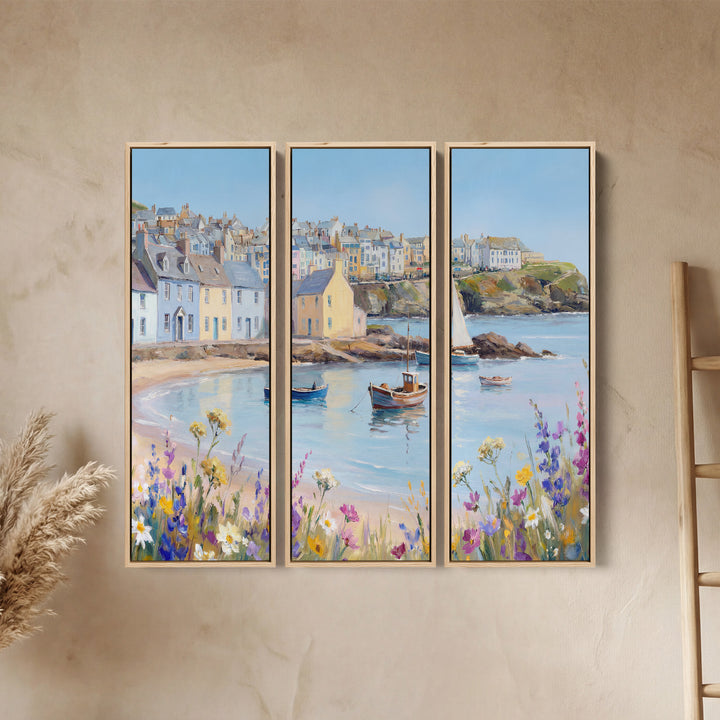 Coastal Harbour Village Triptych Wall Art for Living Room With Pastel Boats