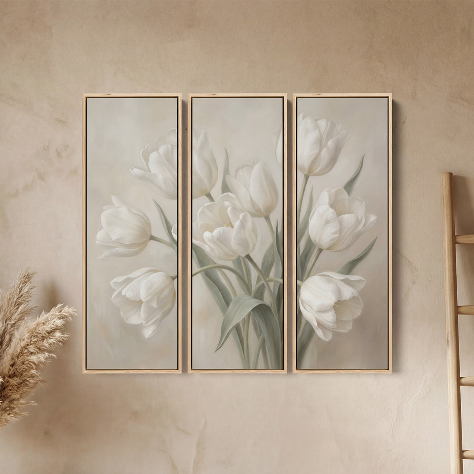 White Tulip Oversized Triptych Wall Art for Bedroom in Soft Neutral Tones