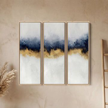 Blue And Gold Set of 3 Wall Art for Office With Abstract Horizontal Detail